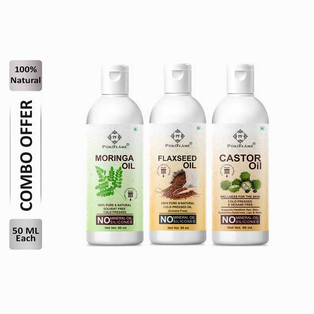 Puriflame Pure Moringa Oil (50 ml), Flaxseed Oil (50 ml) & Castor Oil (50 ml) Combo for Rapid Hair Growth (Pack of 3) (B-11778)