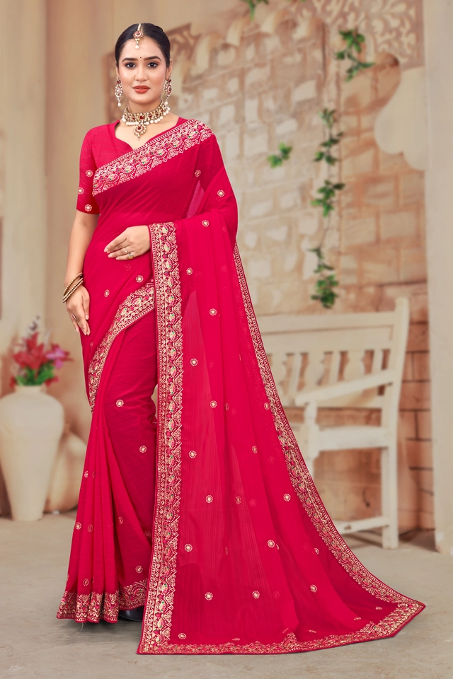 Chiffon Embroidery Saree for Women (Red, 6.3 m)