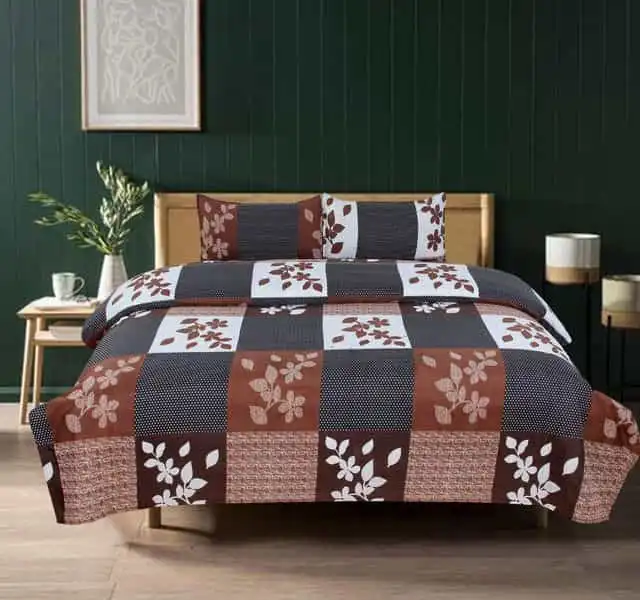 Floral Polycotton Queen Size Double Bed Sheet with 2 Pillow Covers (Brown) (ADRV-3D-07)