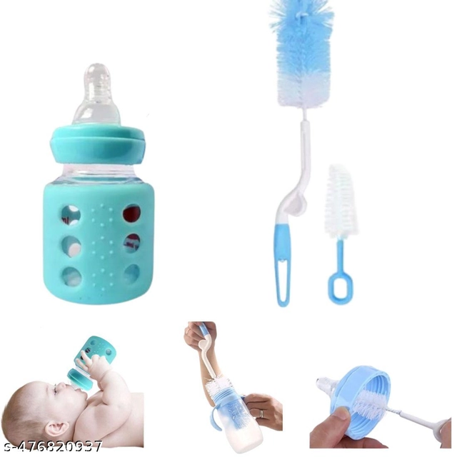 Combo of Milk Bottle (60 ml) with Bottle & Nipple Cleaning Brushes (Multicolor, Set of 3)