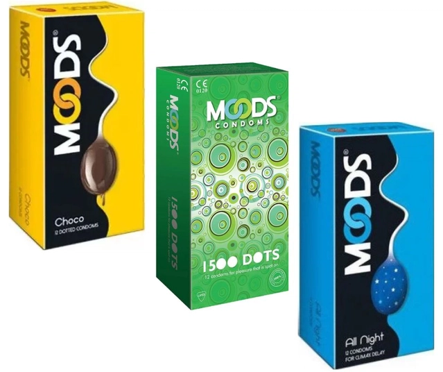 Moods 1500 Dots with Choco & All Night 12 Pcs Dotted Condoms for Men (Set of 3)