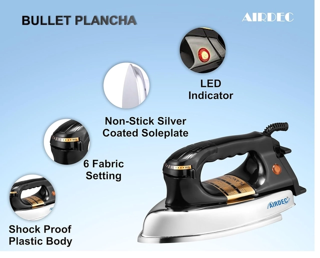 Airdec Bullet Heavy Weight Quick Heat Up Plancha Dry Iron (Black & Silver, 1000 W)