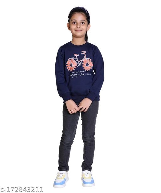 Woolen Printed Sweatshirt for Girls (Navy Blue, 12-18 Months)