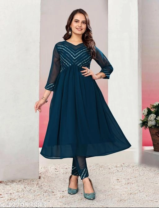 Georgette Embroidered Anarkali Kurti with Pant for Women (Teal, S)