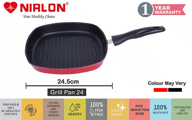 Aluminium Nonstick Fry Pan with Grill Pan & Glass Lid Set (Red, Set of 3)