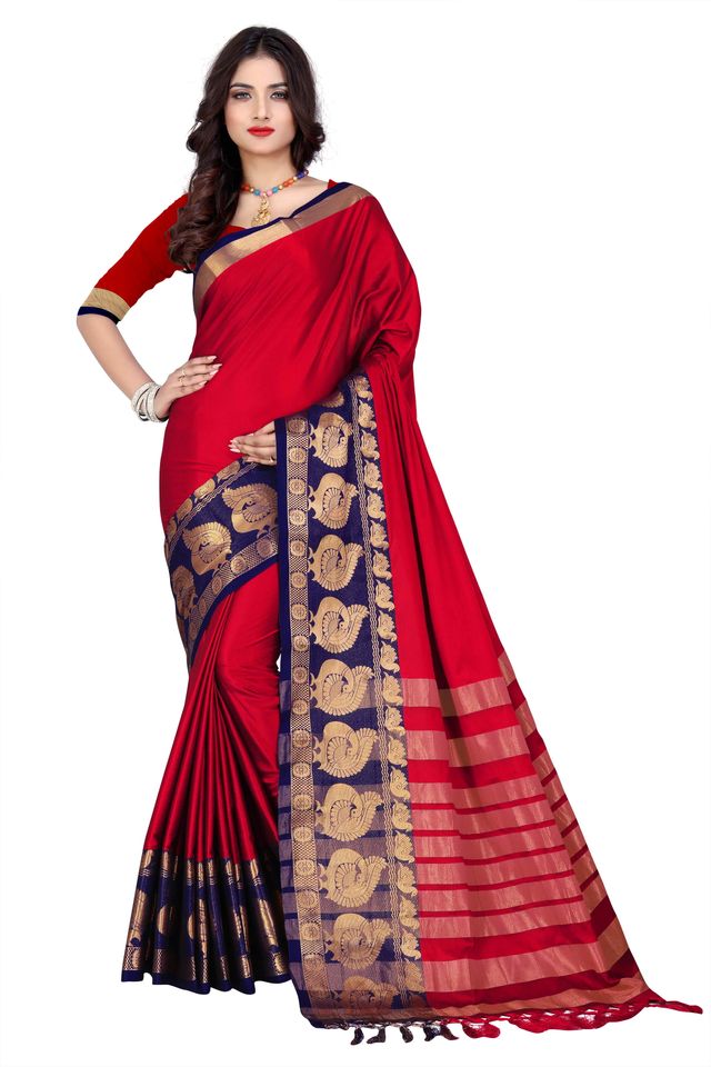 KSNDV ट्रेंड्ज़ लेटेस्ट डिज़ाइन कॉटन सिल्क साड़ी (रेड) (K106)