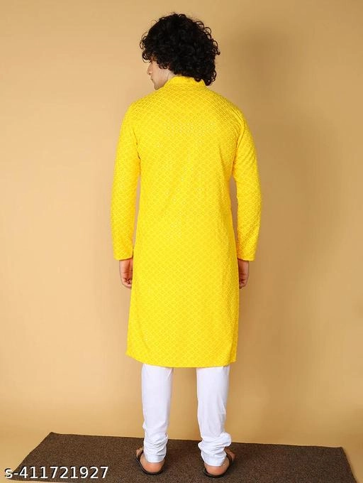 Viscose Embroidered Kurta with Pyjama for Men (S, Yellow & White)