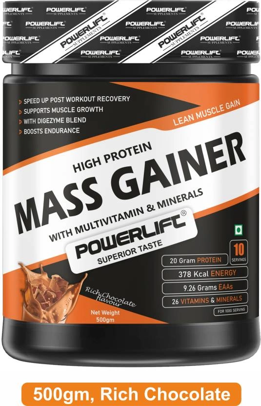 POWERLIFT Mass Gainer, High Protein with 26 vitamin & minerals | With Digezyme Blend Weight Gainers/Mass Gainers (500 g, Rich Chocolate) Pack of 1