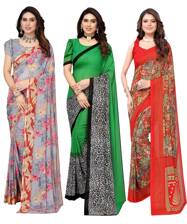 Women's Designer Floral Printed Saree with Blouse Piece (Pack of 3) (Multicolor) (SD-81)