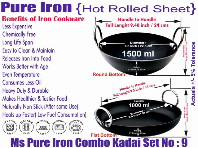 Iron Non Coated Kadai (Black, 1.5 L) (Pack of 2)