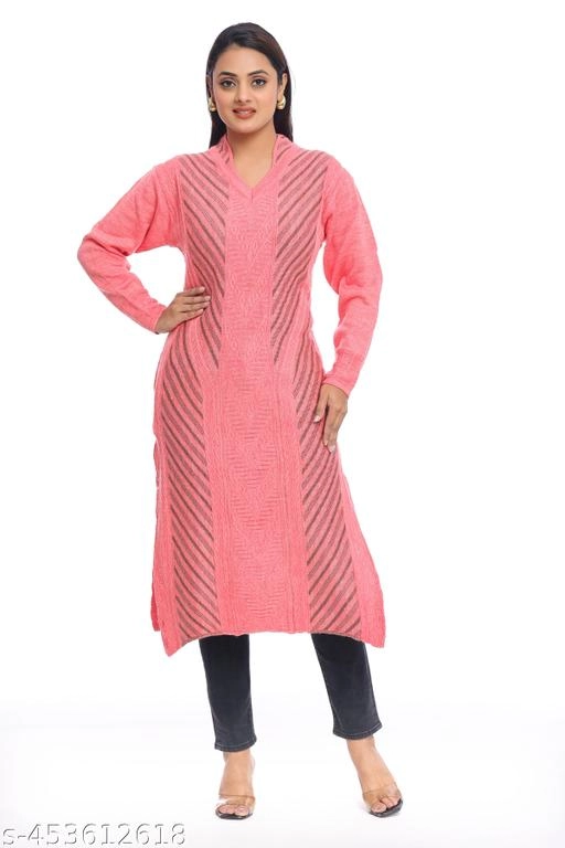 Woolen Printed Kurti for Women (Pink, L)