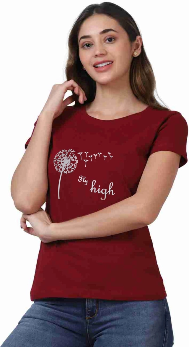 Round Neck Printed T-Shirt for Women (Maroon, S)