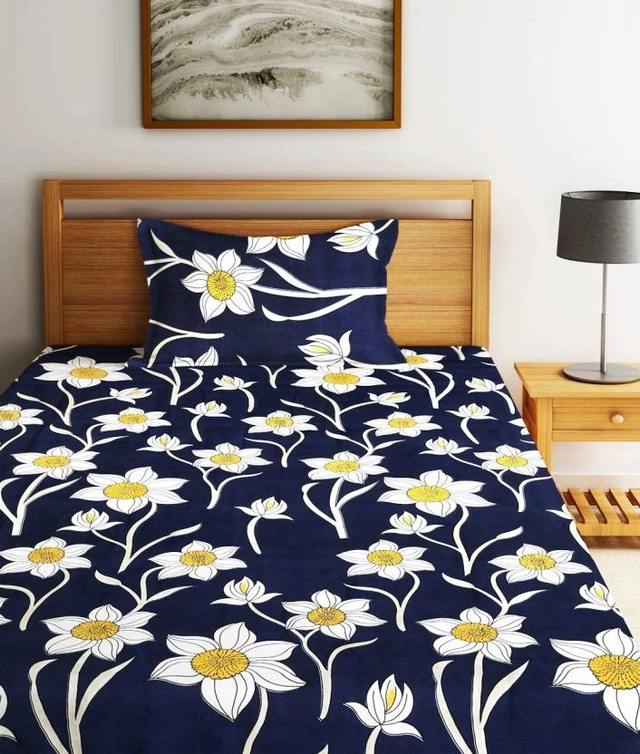 CG Homes Fitted Single Bedsheet With 1 Pillow Covers Cotton (60 X 90, Blue Floral)