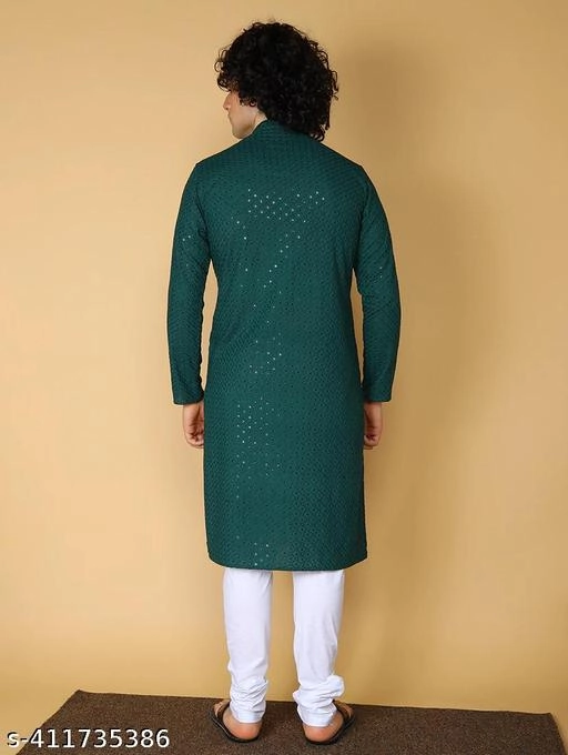 Viscose Rayon Embroidered Kurta for Men (S, Bottle Green)