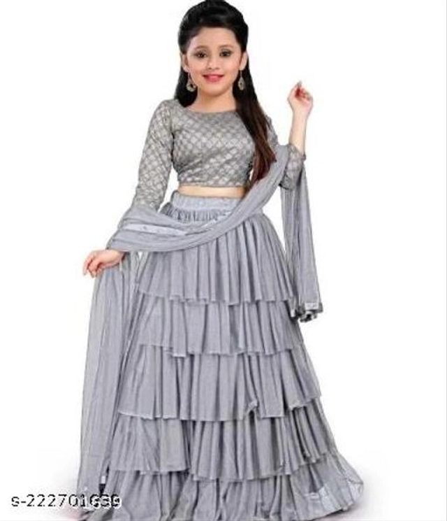 Net Solid Lehenga Choli with Dupatta for Girls (Grey, 1-2 Years)