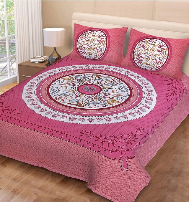 Cotton Printed Queen Size Bedsheet with 2 Pcs Pillow Covers (Pink & White, 90x100 inches)