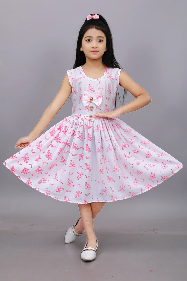 Cotton Blend Printed Frock for Girls (White & Pink, 1-2 Years)