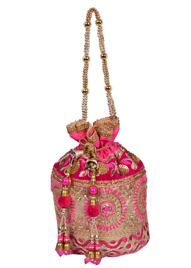 Silk Floral Ethnic Rajasthani Traditional Work Potli with Handle for Return Gifts (Pink)