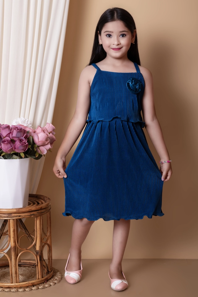 Cotton Blend Solid Frock for Girls (Blue, 0-6 Months)