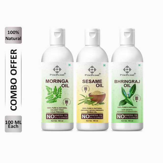 PuriFlame Pure Moringa Oil (100 ml) & Sesame Oil (100 ml) & Bhringraj Oil (100 ml) Combo For Rapid Hair Growth (Pack Of 3) (B-5637)