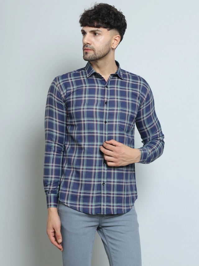 Full Sleeves Checked Shirt for Men (Blue, M)