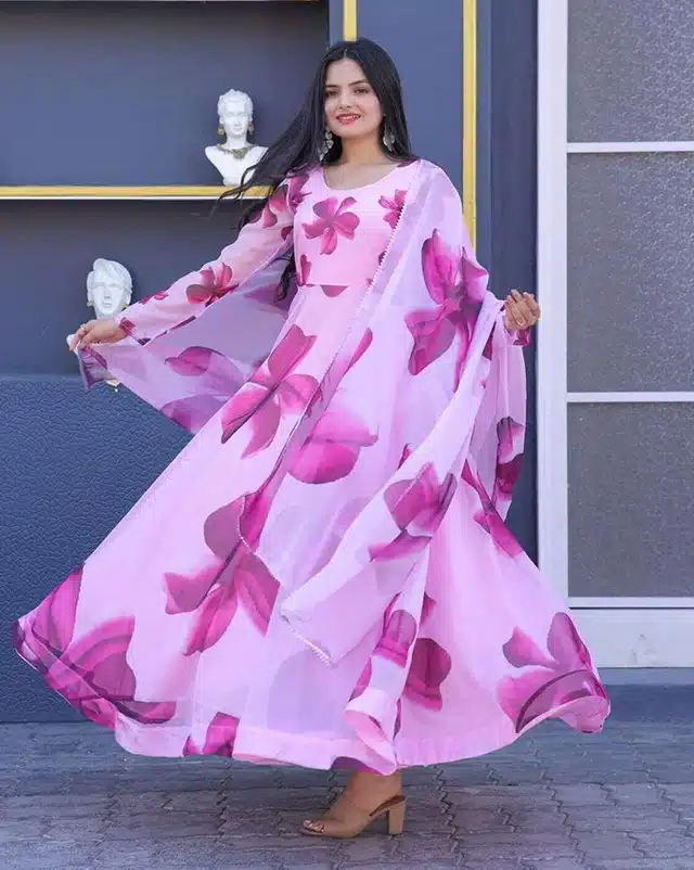 Georgette Printed Gown with Dupatta for Women (Pink, S)