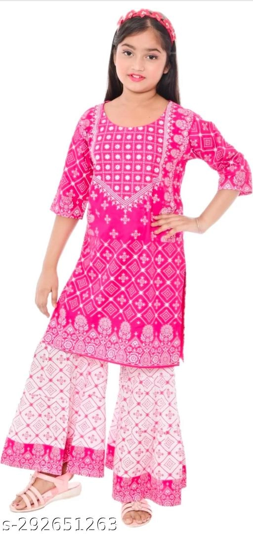 Rayon Kurta Set for Girls (Pink & White, 11-12 Years)