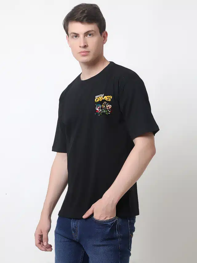 Half Sleeves Printed T-Shirt for Men (Black, L)