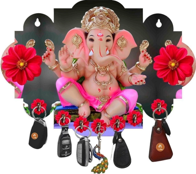 Khatu Crafts Pink Dhoti Ganesh Wood Key Holder (7 Hooks, Multicolor)