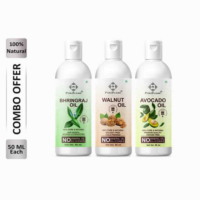 Puriflame Pure Bhringraj Oil (50 ml), Walnut Oil (50 ml) & Avocado Oil ( 50 ml) Combo for Rapid Hair Growth (Pack Of 3) (B-9497)