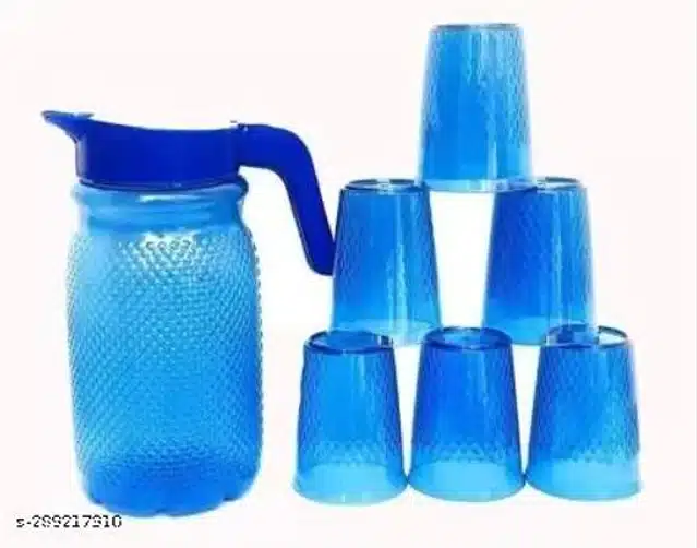 Plastic Jug with 6 Pcs Glass (Blue, Set of 2)