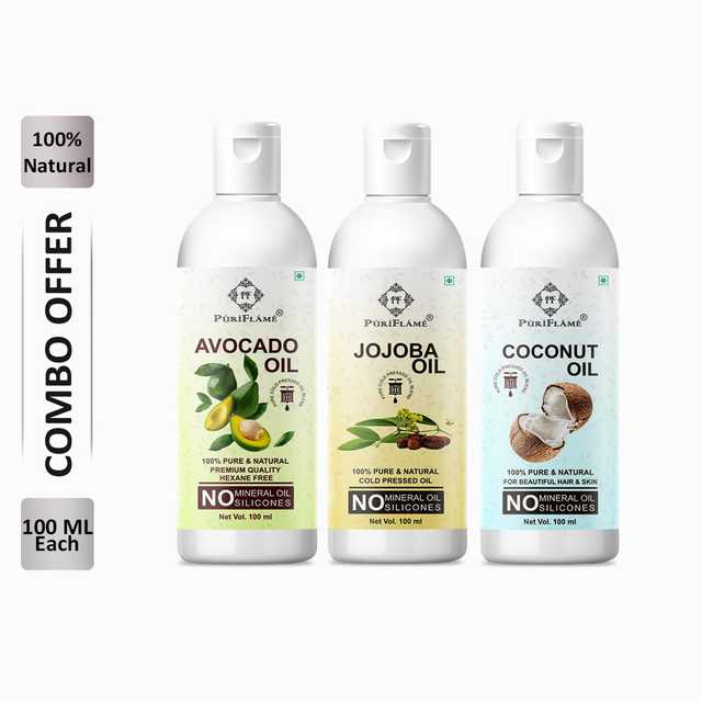 PuriFlame Pure Avocado Oil (100 ml) & Jojoba Oil (100 ml) & Coconut Oil (100 ml) Combo For Rapid Hair Growth (Pack Of 3) (B-2436)