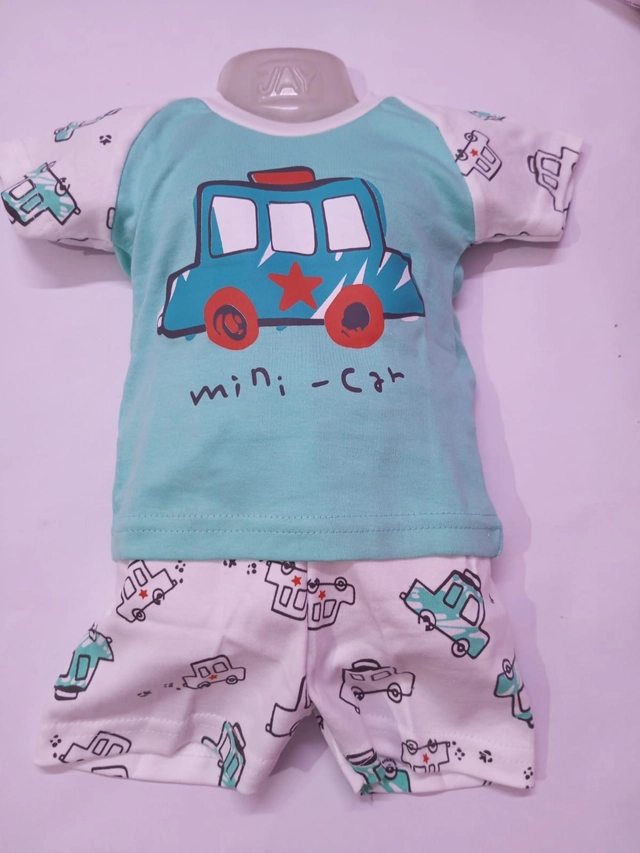 Cotton Blend Printed Clothing Set for Infants (Aqua Blue & Pink, 0-6 Months) (Set of 2)