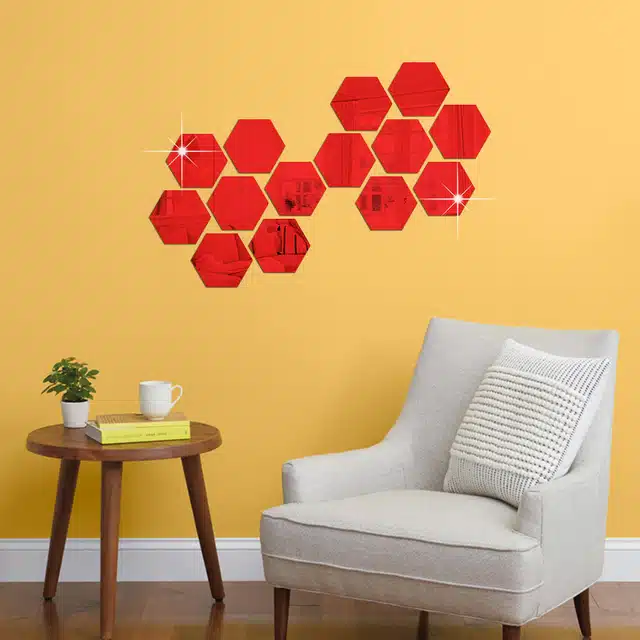 Acrylic Hexagon Shaped Wall Mirror Stickers (Red, Pack of 14)