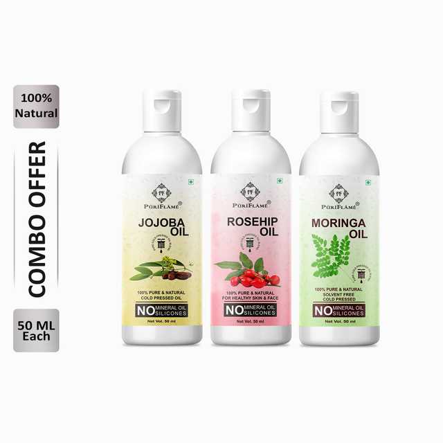 Puriflame Pure Jojoba Oil (50 ml), Rosehip Oil (50 ml) & Moringa Oil (50 ml) Combo for Rapid Hair Growth (Pack Of 3) (B-11613)