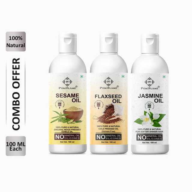 PuriFlame Pure Sesame Oil (100 ml) & Flaxseed Oil (100 ml) & Jasmine Oil (100 ml) Combo For Rapid Hair Growth (Pack Of 3) (B-7532)