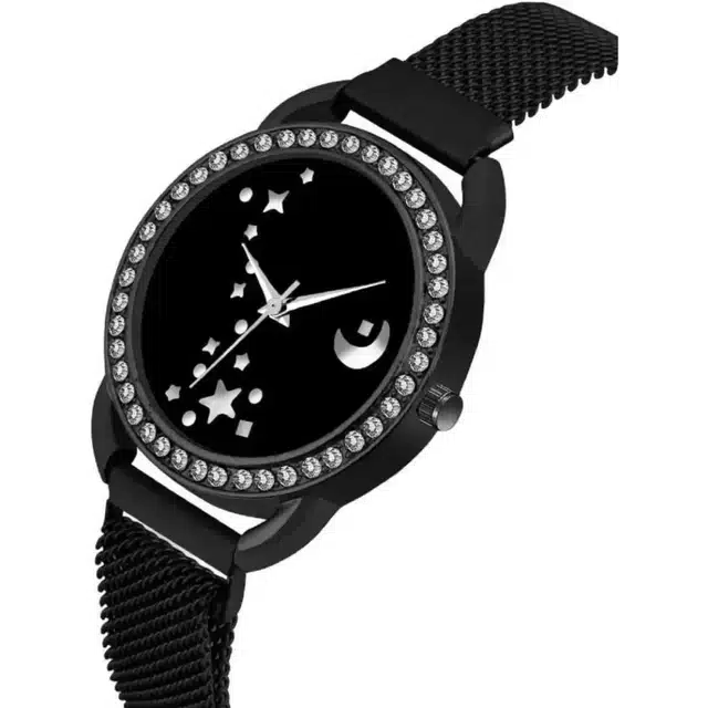 Analog Watch with Magnetic Strap for Women & Girls (Black)