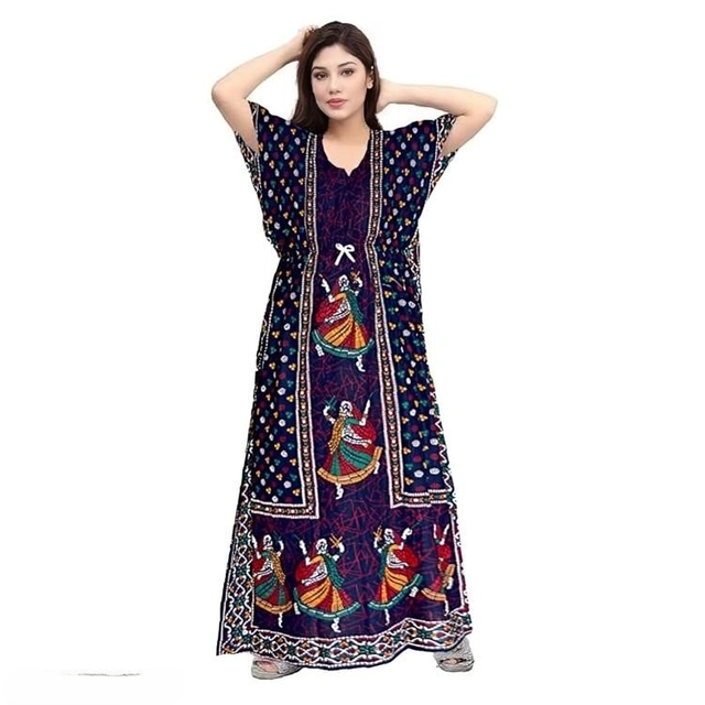 Satin Printed Kaftan for Women (Navy Blue, L)