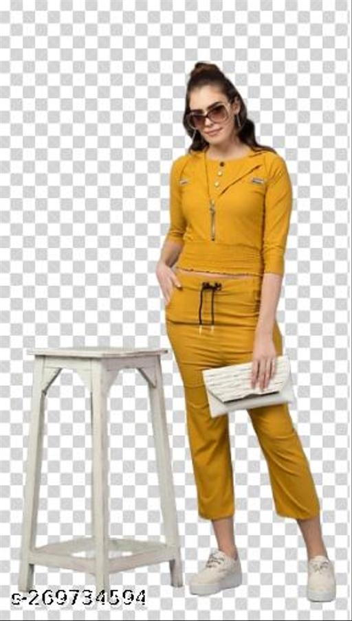 Cotton Blend Solid Top & Bottom Set for Women (Mustard, XL)