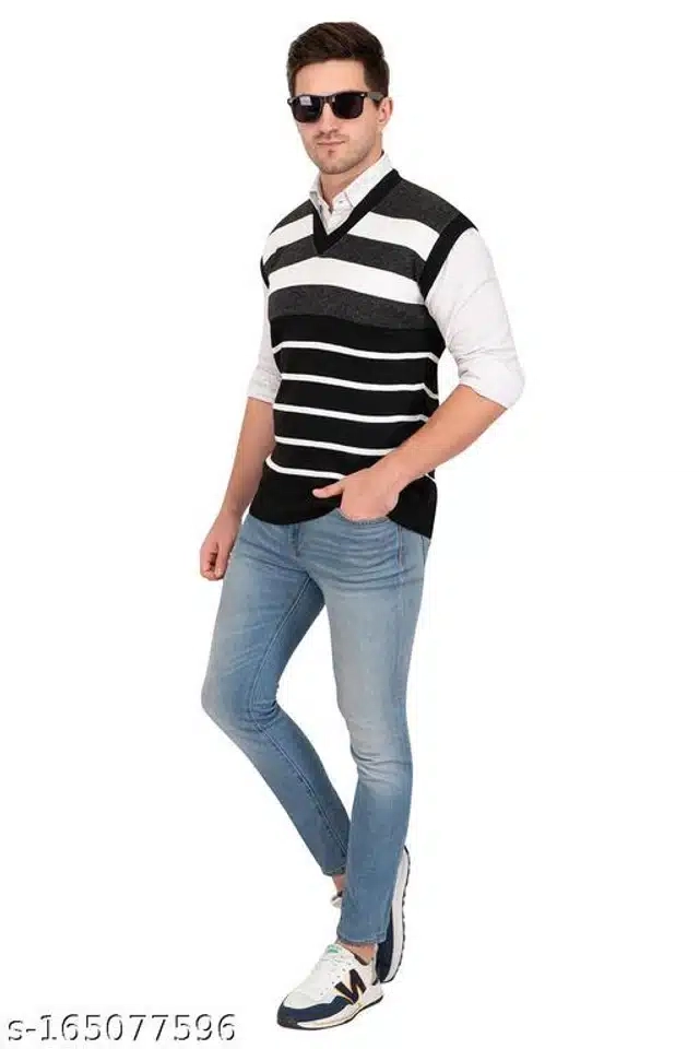 Acrylic Sleeveless Sweater for Men (Black & White, M)