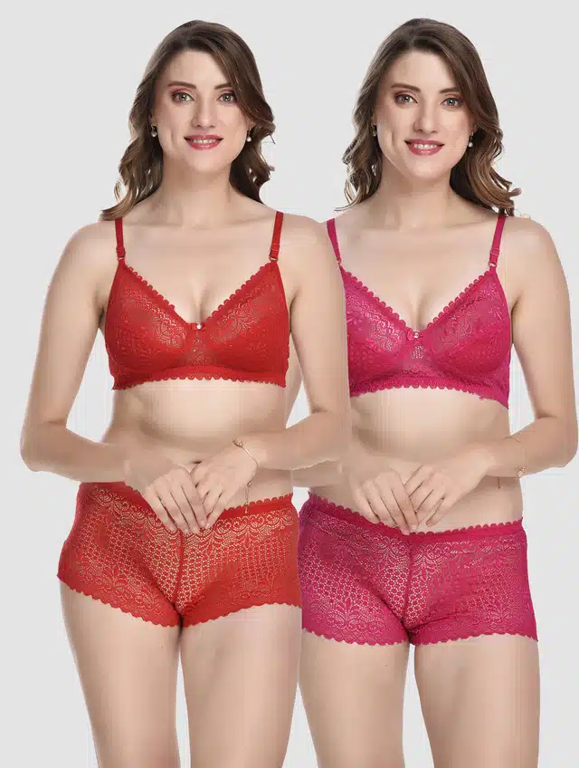 Women's Bra and Panty Set (Red & Pink, 30) (Set of 2) (F-2232)