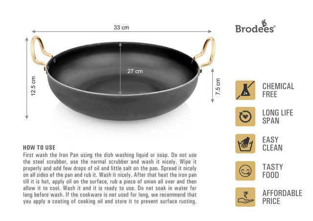 BRODEES Iron Kadahi 27 Cm Dia Flat Bottom Kadhai 27 cm diameter (3.5 L capacity) (Iron) (A-12)