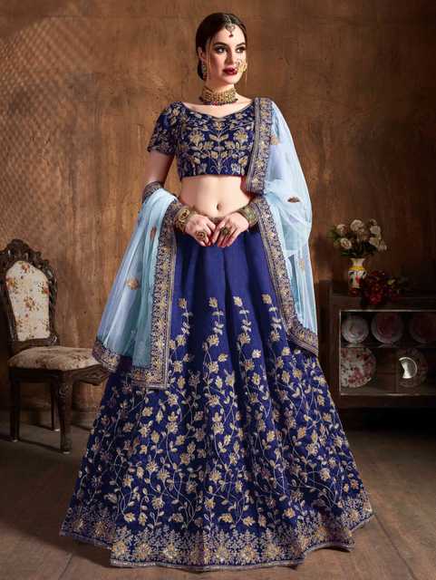 Zeelpin Taffeta Silk Women Lace Worked Semi Stitched Lehenga Choli With Dupatta (Royal Blue, ) (ZE-140)