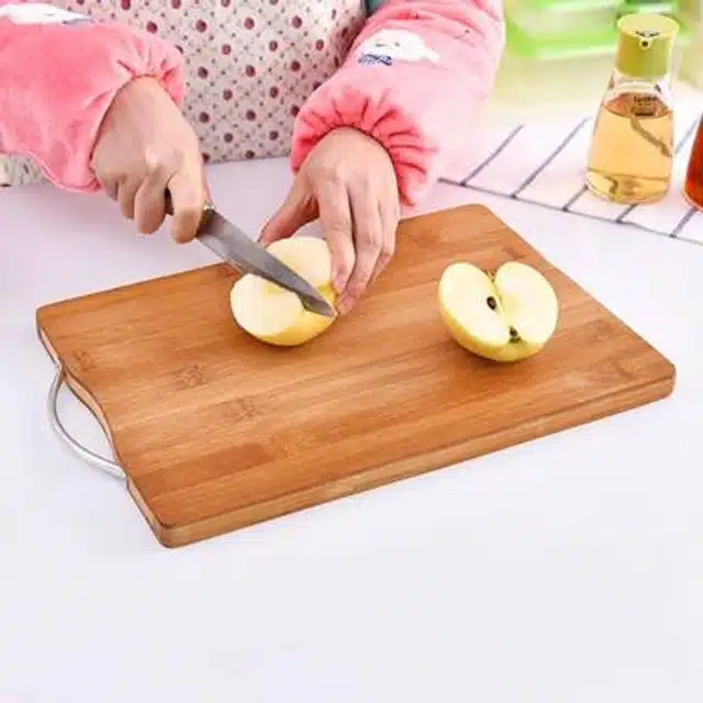 Wooden Vegetable Cutting Board with Stainless Steel Handle (Brown, 20x15 cm)