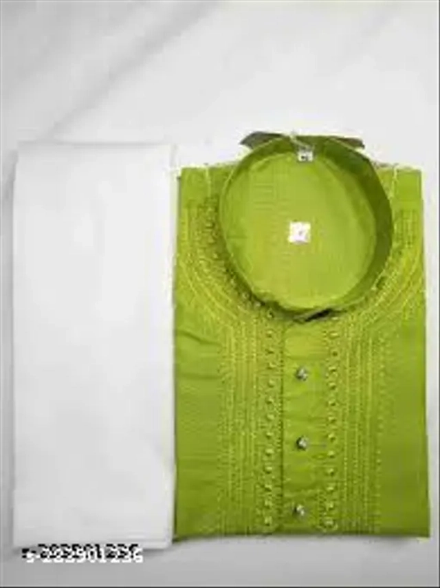 Cotton Blend Embroidered Kurta with Pyjama for Men (Green, M)