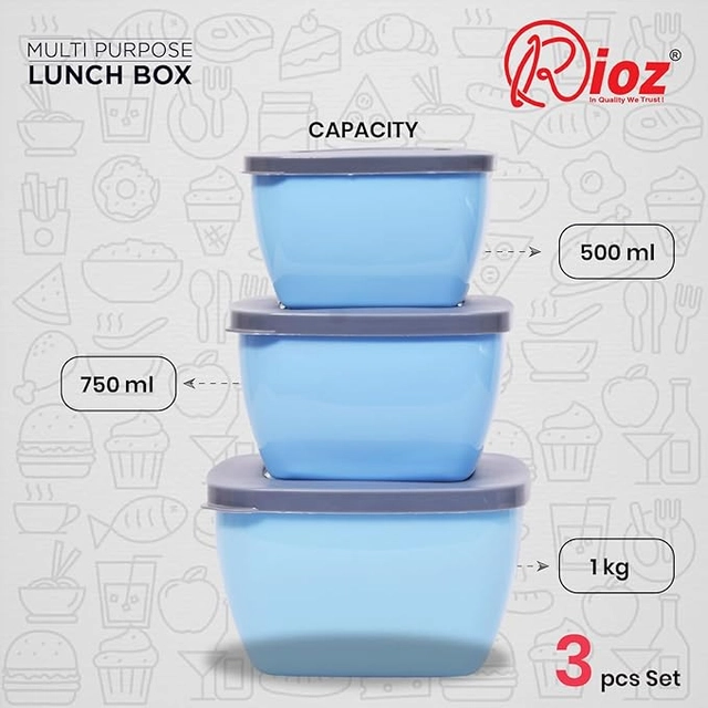 Plastic Airtight Lunch Box for Kids (Aqua Blue, Set of 3)