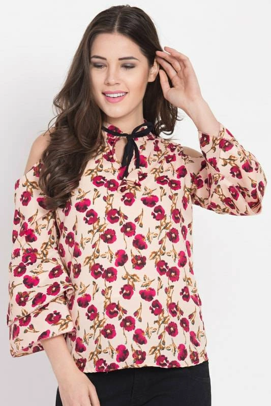 Cotton Printed Top for Women (Cream, S)