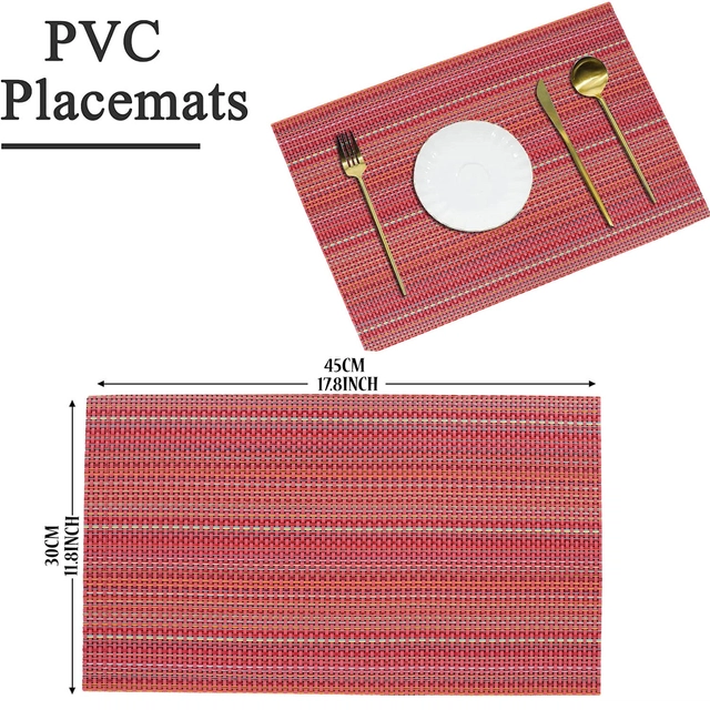 PVC Waterproof Rectangle Striped Table Mats (Red, 45x30 cm) (Pack of 2)