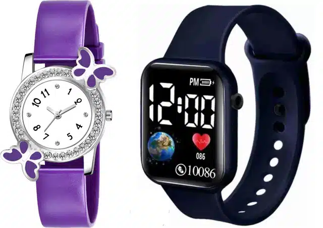Analog & Smart Watch Combo for Women & Girls (Purple & Navy Blue, Pack of 2)