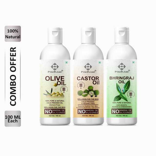 PuriFlame Pure Olive Oil (100 ml) & Castor Oil (100 ml) & Bhringraj Oil (100 ml) Combo For Rapid Hair Growth (Pack Of 3) (B-6123)